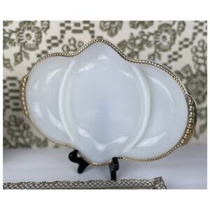 Vtg Anchor Hocking Fire King Ware Milk Glass Divided Serving Dish with Gold Trim